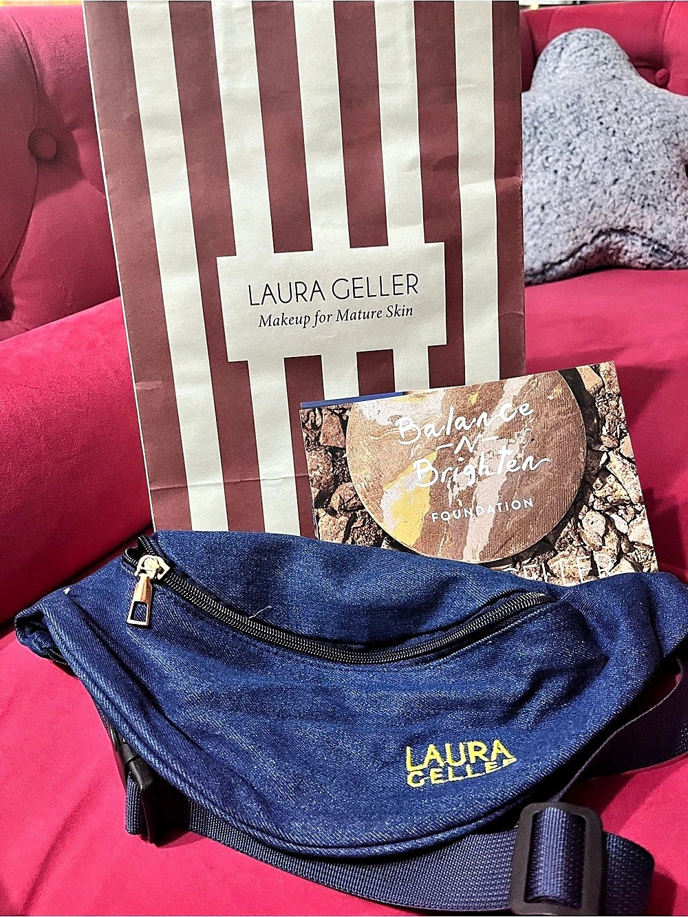 Laura Geller Denim Fanny Pack Makeup Bag Blue
